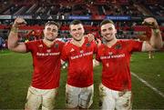 15 February 2025; Munster players, from left, Alex Kendellen, Tom Farrell and Shane Daly celebrate after the United Rugby Championship match between Munster and Scarlets at Thomond Park in Limerick. Photo by David Fitzgerald/Sportsfile