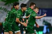 15 February 2025; Ben Murphy of Connacht celebrates after scoring his side's first try during the United Rugby Championship match between Connacht and Cardiff Rugby at Dexcom Stadium in Galway. Photo by Shauna Clinton/Sportsfile