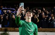 15 February 2025; Waterford goalkeeper Stephen McMullan celebrates with supporters after the SSE Airtricity Men's Premier Division match between Sligo Rovers and Waterford at The Showgrounds in Sligo. Photo by Stephen McCarthy/Sportsfile