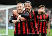 16 February 2025; Ross Tierney of Bohemians, left, celebrates with team-mate Connor Parsons after scoring their side's first goal during the SSE Airtricity Men's Premier Division match between Bohemians and Shamrock Rovers at the Aviva Stadium in Dublin. Photo by Stephen McCarthy/Sportsfile