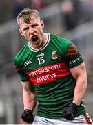 16 February 2025; Ryan O'Donoghue of Mayo celebrates after scoring a late second half point during the Allianz Football League Division 1 match between Mayo and Tyrone at Hastings Insurance MacHale Park in Castlebar, Mayo. Photo by Piaras Ó Mídheach/Sportsfile