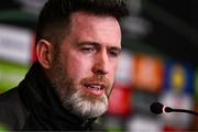 19 February 2025; Manager Stephen Bradley speaks to the press during a Shamrock Rovers media conference at Tallaght Stadium in Dublin. Photo by Ben McShane/Sportsfile