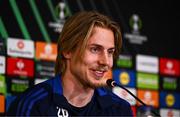 19 February 2025; Isak Amundsen speaks to the press during a Molde media conference at Tallaght Stadium in Dublin. Photo by Ben McShane/Sportsfile