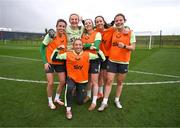 20 February 2025; Players, from left, Abbie Larkin, Courtney Brosnan, Megan Connolly, front, Lucy Quinn, Anna Patten and Emily Murphy pose for a photograph during a Republic of Ireland women's training session at the FAI National Training Centre in Abbotstown, Dublin. Photo by Stephen McCarthy/Sportsfile