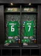 21 February 2025; The jerseys of Megan Connolly, left, and Heather Payne hangs in the Republic of Ireland dressing room before the UEFA Women's Nations League B match between Republic of Ireland and Turkiye at Tallaght Stadium in Dublin. Photo by Stephen McCarthy/Sportsfile