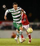 3 March 2025; Graham Burke of Shamrock Rovers in action against Jake Doyle-Hayes of Sligo Rovers during the SSE Airtricity Men's Premier Division match between Sligo Rovers and Shamrock Rovers at The Showgrounds in Sligo. Photo by Piaras Ó Mídheach/Sportsfile