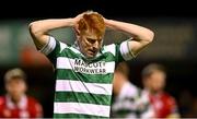 3 March 2025; Rory Gaffney of Shamrock Rovers reacts after a missed chance during the SSE Airtricity Men's Premier Division match between Sligo Rovers and Shamrock Rovers at The Showgrounds in Sligo. Photo by Piaras Ó Mídheach/Sportsfile