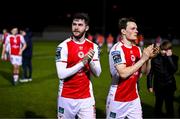 3 March 2025; Aidan Keena, left, and Axel Sjoberg of St Patrick's Athletic after the SSE Airtricity Men's Premier Division match between St Patrick's Athletic and Derry City at Richmond Park in Dublin Photo by Stephen McCarthy/Sportsfile