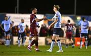 3 March 2025; Greg Cunningham of Galway United and Sean Boyd of Shelbourne after their drawn SSE Airtricity Men's Premier Division match between Galway United and Shelbourne at Eamonn Deacy Park in Galway. Photo by Ben McShane/Sportsfile