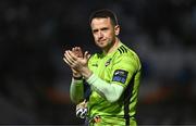 3 March 2025; Galway United goalkeeper Brendan Clarke applauds toward the Shelbourne supporters after the SSE Airtricity Men's Premier Division match between Galway United and Shelbourne at Eamonn Deacy Park in Galway. Photo by Ben McShane/Sportsfile