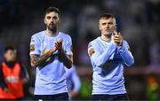 3 March 2025; JJ Lunney, right, and Ellis Chapman of Shelbourne after the SSE Airtricity Men's Premier Division match between Galway United and Shelbourne at Eamonn Deacy Park in Galway. Photo by Ben McShane/Sportsfile