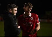 3 March 2025; Sligo Rovers manager John Russell celebrates with Ollie Denham after their side's victory in the SSE Airtricity Men's Premier Division match between Sligo Rovers and Shamrock Rovers at The Showgrounds in Sligo. Photo by Piaras Ó Mídheach/Sportsfile