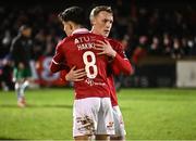 3 March 2025; Sligo Rovers Jake Doyle-Hayes and Jad Hakiki, 8, celebrate after their side's victory in the SSE Airtricity Men's Premier Division match between Sligo Rovers and Shamrock Rovers at The Showgrounds in Sligo. Photo by Piaras Ó Mídheach/Sportsfile