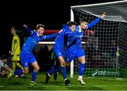 3 March 2025; Kyle White of Waterford, centre, celebrates after scoring with team mates Tommy Lonergan, right, and Conan Noonan after scoring their side's second goal during the SSE Airtricity Men's Premier Division match between Waterford and Cork City at the Regional Sports Centre in Waterford. Photo by David Fitzgerald/Sportsfile