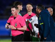 3 March 2025; Cork City manager Tim Clancy has words with referee Damien MacGraith after the SSE Airtricity Men's Premier Division match between Waterford and Cork City at the Regional Sports Centre in Waterford. Photo by David Fitzgerald/Sportsfile