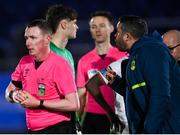 3 March 2025; Cork City manager Tim Clancy has words with referee Damien MacGraith after the SSE Airtricity Men's Premier Division match between Waterford and Cork City at the Regional Sports Centre in Waterford. Photo by David Fitzgerald/Sportsfile