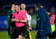 3 March 2025; Cork City manager Tim Clancy has words with referee Damien MacGraith after the SSE Airtricity Men's Premier Division match between Waterford and Cork City at the Regional Sports Centre in Waterford. Photo by David Fitzgerald/Sportsfile