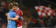 3 March 2025; Sligo Rovers players Conor Walsh and Gareth McElroy, right, celebrate after their side's victory the SSE Airtricity Men's Premier Division match between Sligo Rovers and Shamrock Rovers at The Showgrounds in Sligo. Photo by Piaras Ó Mídheach/Sportsfile