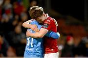 3 March 2025; Sligo Rovers players Conor Walsh and Gareth McElroy, right, celebrate after their side's victory the SSE Airtricity Men's Premier Division match between Sligo Rovers and Shamrock Rovers at The Showgrounds in Sligo. Photo by Piaras Ó Mídheach/Sportsfile