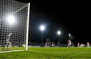 3 March 2025; Aidan Keena of St Patrick's Athletic shoots to score his side's second goal, from a penalty, past Derry City goalkeeper Brian Maher during the SSE Airtricity Men's Premier Division match between St Patrick's Athletic and Derry City at Richmond Park in Dublin Photo by Stephen McCarthy/Sportsfile