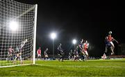 3 March 2025; Joe Redmond of St Patrick's Athletic rises highest to defend his goal during the SSE Airtricity Men's Premier Division match between St Patrick's Athletic and Derry City at Richmond Park in Dublin Photo by Stephen McCarthy/Sportsfile