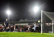 3 March 2025; Aidan Keena of St Patrick's Athletic has an attempt on goal as Derry City goalkeeper Brian Maher watches the ball go past the post during the SSE Airtricity Men's Premier Division match between St Patrick's Athletic and Derry City at Richmond Park in Dublin Photo by Stephen McCarthy/Sportsfile