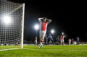 3 March 2025; Aidan Keena of St Patrick's Athletic reacts to a missed opportunity on goal during the SSE Airtricity Men's Premier Division match between St Patrick's Athletic and Derry City at Richmond Park in Dublin Photo by Stephen McCarthy/Sportsfile