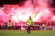 3 March 2025; A groundsman tends to the pitch before the SSE Airtricity Men's Premier Division match between Bohemians and Drogheda United at Dalymount Park in Dublin. Photo by Thomas Flinkow/Sportsfile