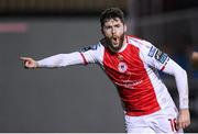 3 March 2025; Aidan Keena of St Patrick's Athletic celebrates after scoring his side's second goal, from a penalty, during the SSE Airtricity Men's Premier Division match between St Patrick's Athletic and Derry City at Richmond Park in Dublin. Photo by Stephen McCarthy/Sportsfile