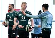 4 March 2025; Jamie Osborne, left, and Hugo Keenan during an Ireland Rugby squad training session at the IRFU High Performance Centre in Dublin. Photo by Brendan Moran/Sportsfile