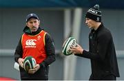 4 March 2025; Sam Prendergast, right, and assistant coach Andrew Goodman during an Ireland Rugby squad training session at the IRFU High Performance Centre in Dublin. Photo by Brendan Moran/Sportsfile