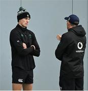 4 March 2025; Sam Prendergast, left, and assistant coach Andrew Goodman during an Ireland Rugby squad training session at the IRFU High Performance Centre in Dublin. Photo by Brendan Moran/Sportsfile