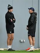 4 March 2025; Sam Prendergast, left, and assistant coach Andrew Goodman during an Ireland Rugby squad training session at the IRFU High Performance Centre in Dublin. Photo by Brendan Moran/Sportsfile