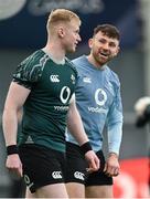 4 March 2025; Jamie Osborne, left, and Hugo Keenan during an Ireland Rugby squad training session at the IRFU High Performance Centre in Dublin. Photo by Brendan Moran/Sportsfile