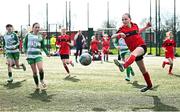 5 March 2025; Feena Nic Amhlaoibh of St Fintans scores her side's first goal during the FAI Schools Primary 5s Qualifiers match between St Patricks Senior Mixed School and St Fintans at Hartstown Huntstown FC in Blanchardstown, Dublin. Photo by Seb Daly/Sportsfile