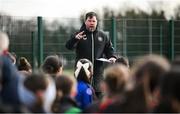 5 March 2025; FAI football development officer Jamie Wilson briefs players before the FAI Schools Primary 5s Qualifiers at Hartstown Huntstown FC in Blanchardstown, Dublin. Photo by Seb Daly/Sportsfile