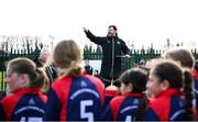 5 March 2025; FAI football development officer Jamie Wilson briefs players before the FAI Schools Primary 5s Qualifiers at Hartstown Huntstown FC in Blanchardstown, Dublin. Photo by Seb Daly/Sportsfile