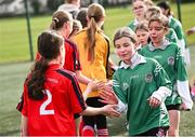 5 March 2025; St Ciarans and St Fintans players shake hands after their FAI Schools Primary 5s Qualifiers match at Hartstown Huntstown FC in Blanchardstown, Dublin. Photo by Seb Daly/Sportsfile