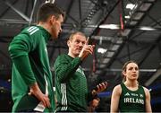 5 March 2025; Athletics Ireland High Performance Relays Lead David McCarthy, centre, with Marcus Lawler, left, and Rachel McCann during a training session at the Omnisport Apeldoorn in Apeldoorn, Netherlands, ahead of the European Athletics Indoor Championships 2025. Photo by Sam Barnes/Sportsfile