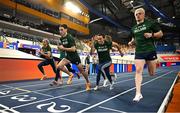 5 March 2025; Members of the Ireland relay teams, including from left, Sharlene Mawdsley, David Bosch, Phil Healy and Conor Kelly during a training session at the Omnisport Apeldoorn in Apeldoorn, Netherlands, ahead of the European Athletics Indoor Championships 2025. Photo by Sam Barnes/Sportsfile