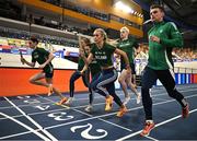 5 March 2025; Members of the Ireland relay teams, including from left, David Bosch, Lauren Cadden, Phil Healy, Sharlene Mawdsley, Conor Kelly and Marcus Lawler during a training session at the Omnisport Apeldoorn in Apeldoorn, Netherlands, ahead of the European Athletics Indoor Championships 2025. Photo by Sam Barnes/Sportsfile