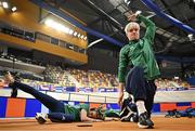 5 March 2025; Conor Kelly of Ireland, right, and teammate Lauren Cadden during a training session at the Omnisport Apeldoorn in Apeldoorn, Netherlands, ahead of the European Athletics Indoor Championships 2025. Photo by Sam Barnes/Sportsfile