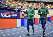 5 March 2025; Sarah Lavin of Ireland, left, and teammate Phil Healy during a training session at the Omnisport Apeldoorn in Apeldoorn, Netherlands, ahead of the European Athletics Indoor Championships 2025. Photo by Sam Barnes/Sportsfile