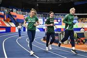 5 March 2025; Ireland athletes, from left, Lauren Cadden, David Bosch and Conor Kelly during a training session at the Omnisport Apeldoorn in Apeldoorn, Netherlands, ahead of the European Athletics Indoor Championships 2025. Photo by Sam Barnes/Sportsfile