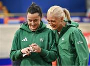 5 March 2025; Sarah Lavin of Ireland, right, and teammate Phil Healy share joke during a training session at the Omnisport Apeldoorn in Apeldoorn, Netherlands, ahead of the European Athletics Indoor Championships 2025. Photo by Sam Barnes/Sportsfile