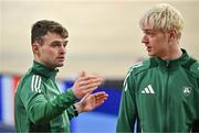 5 March 2025; Marcus Lawler of Ireland, left, with teammate Conor Kelly during a training session at the Omnisport Apeldoorn in Apeldoorn, Netherlands, ahead of the European Athletics Indoor Championships 2025. Photo by Sam Barnes/Sportsfile