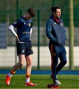 4 March 2025; St Fintan's High School head coach Marc Kaveh, right, speaks to player Ben Barnes before the Bank of Ireland Leinster Schools Senior Cup semi-final match between St Fintan's High School and Terenure College at Energia Park in Dublin. Photo by Shauna Clinton/Sportsfile