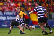 4 March 2025; Rory O'Connor-O'Hehir of St Fintan's High School is tackled by Leo Zelman of Terenure College during the Bank of Ireland Leinster Schools Senior Cup semi-final match between St Fintan's High School and Terenure College at Energia Park in Dublin. Photo by Shauna Clinton/Sportsfile