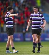 4 March 2025; Michael Kennedy of Terenure College, right, speaks to team-mate Jamie Coleman during the Bank of Ireland Leinster Schools Senior Cup semi-final match between St Fintan's High School and Terenure College at Energia Park in Dublin. Photo by Shauna Clinton/Sportsfile