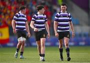 4 March 2025; Michael Kennedy of Terenure College, right, speaks to team-mate Jamie Coleman, centre, during the Bank of Ireland Leinster Schools Senior Cup semi-final match between St Fintan's High School and Terenure College at Energia Park in Dublin. Photo by Shauna Clinton/Sportsfile